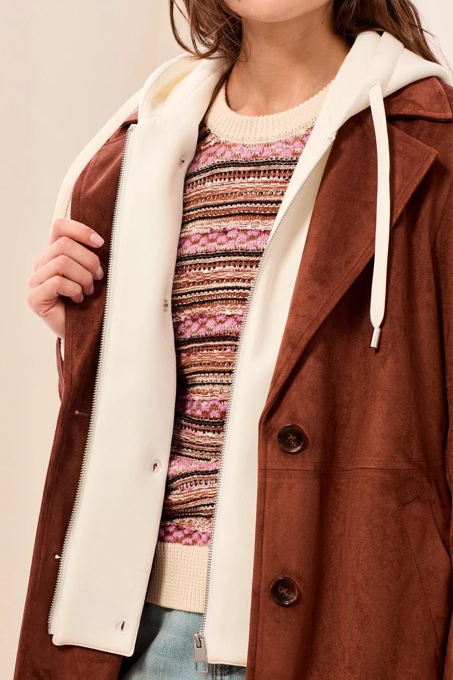 Tribal Faux Suede Belted Trench Coat with Removable Hoodie | Intense Rust - Juli's Wearable Art