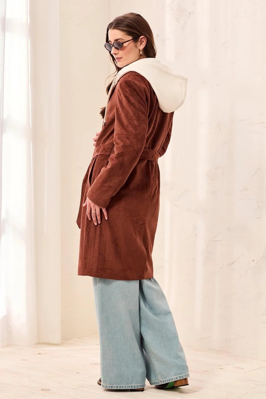 Tribal Faux Suede Belted Trench Coat with Removable Hoodie | Intense Rust - Juli's Wearable Art