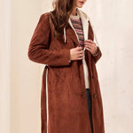 Tribal Faux Suede Belted Trench Coat with Removable Hoodie | Intense Rust - Juli's Wearable Art