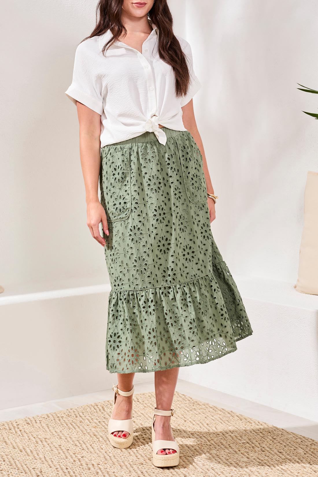Tribal Floral Embroidered Tiered Boho Maxi Skirt – Moss - Juli's Wearable Art