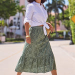 Tribal Floral Embroidered Tiered Boho Maxi Skirt – Moss - Juli's Wearable Art