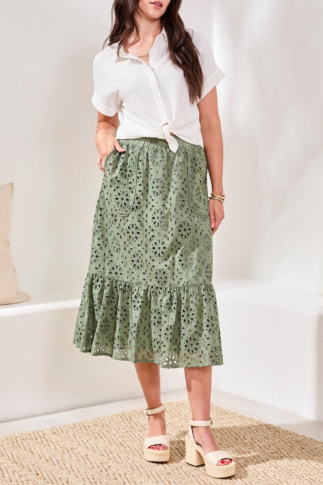 Tribal Floral Embroidered Tiered Boho Maxi Skirt – Moss