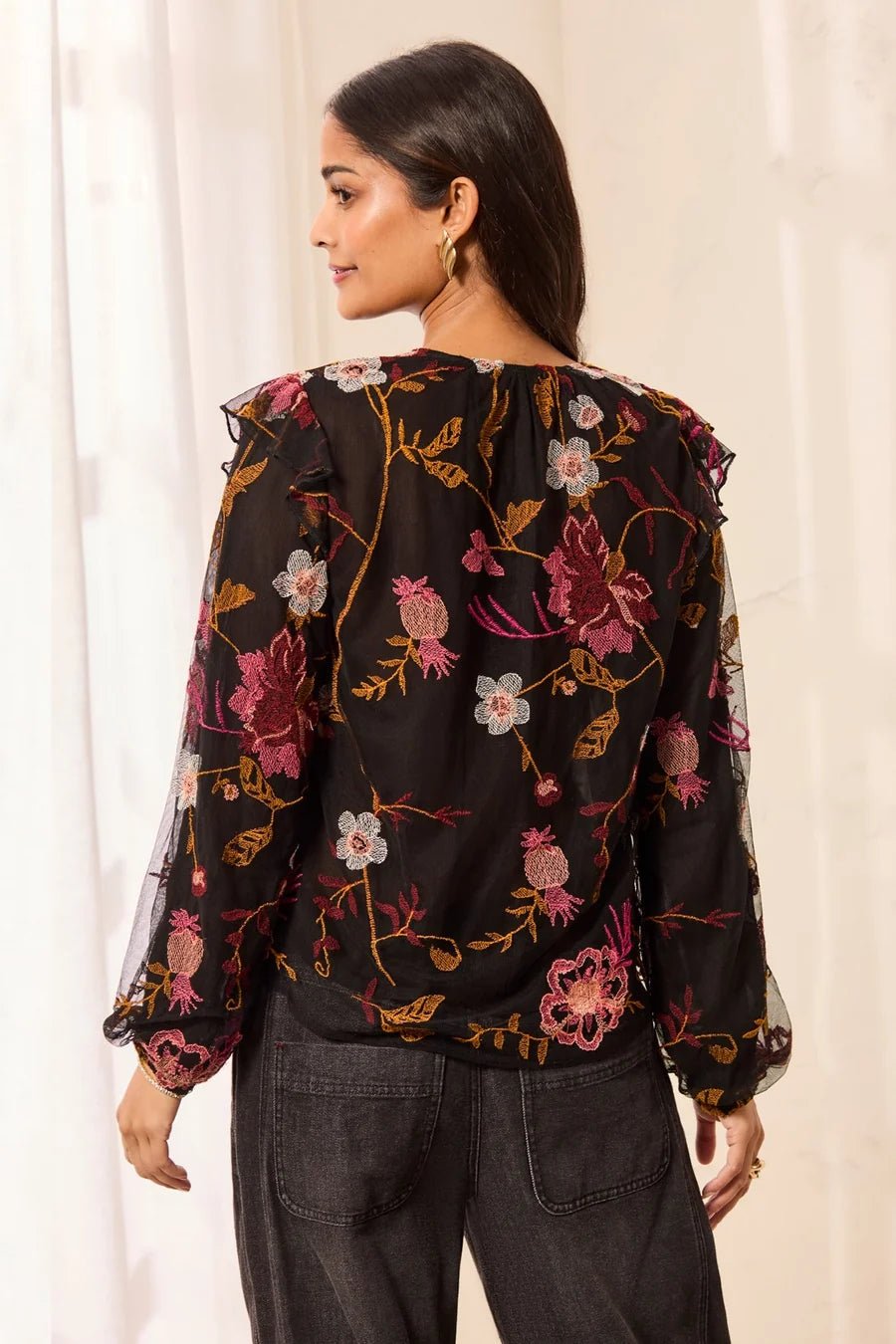 Tribal Floral Embroidered V-Neck Blouse with Frills - Juli's Wearable Art