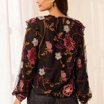 Tribal Floral Embroidered V-Neck Blouse with Frills - Juli's Wearable Art