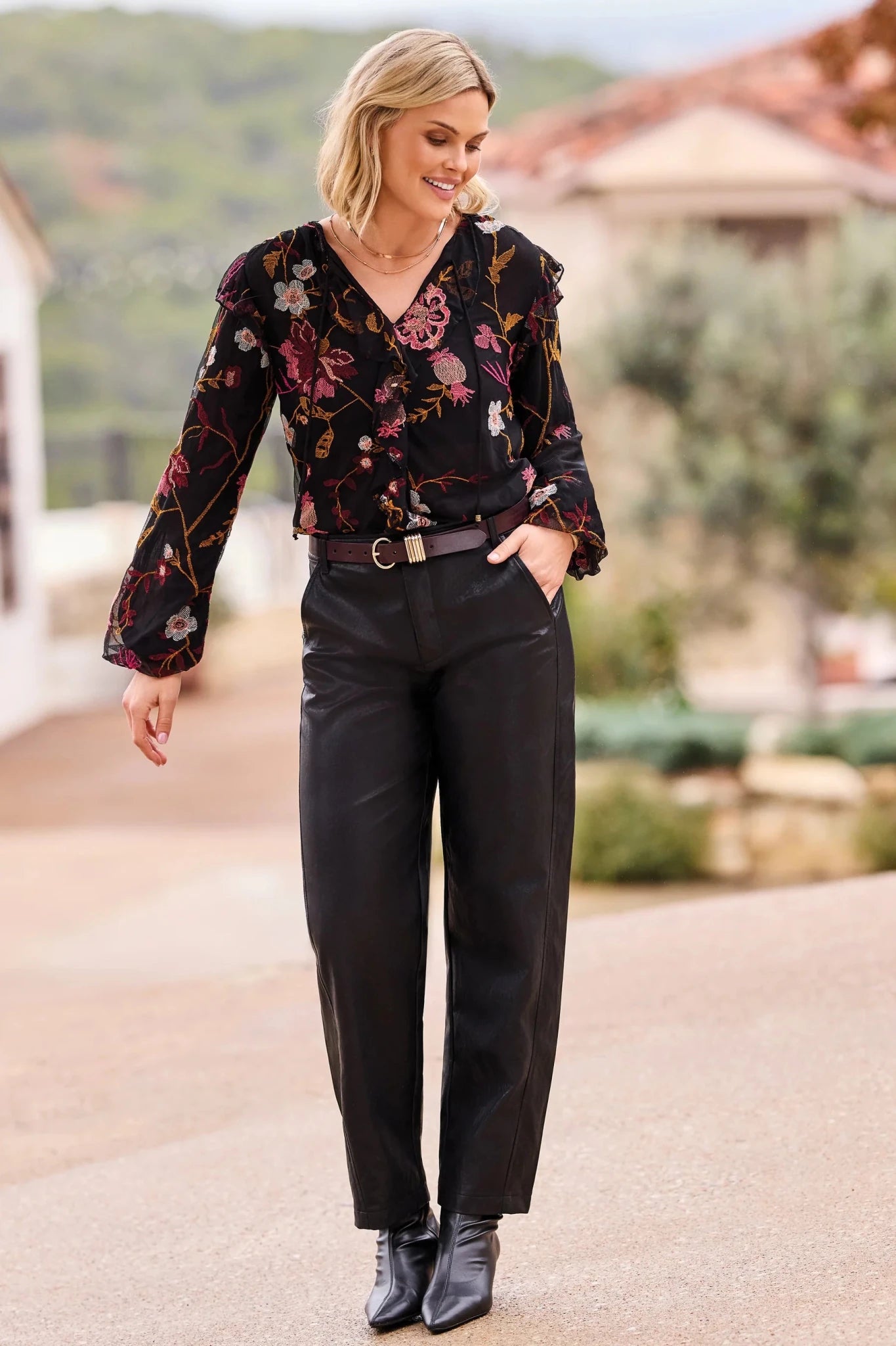 Tribal Floral Embroidered V-Neck Blouse with Frills - Juli's Wearable Art