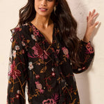 Tribal Floral Embroidered V-Neck Blouse with Frills - Juli's Wearable Art