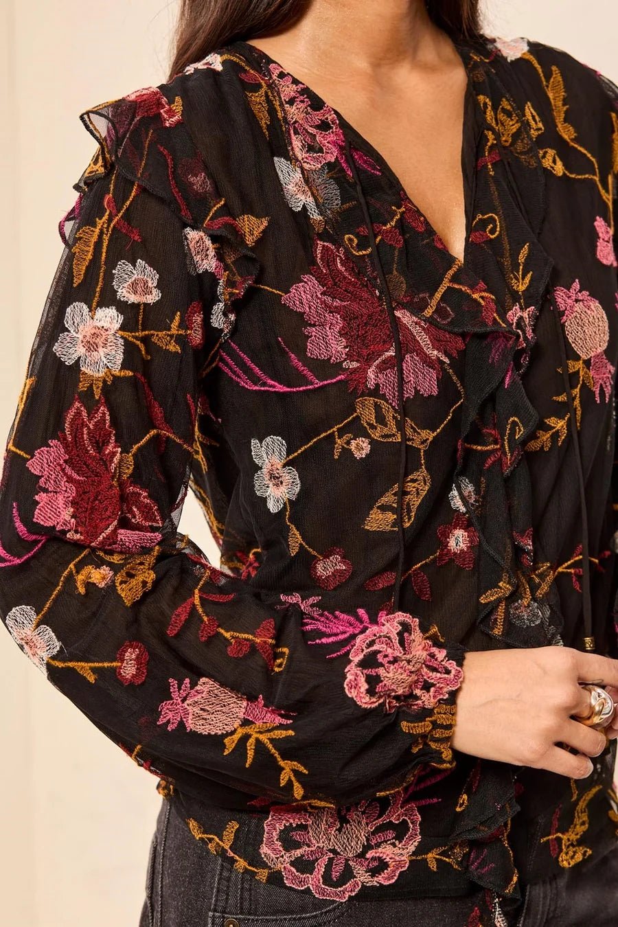 Tribal Floral Embroidered V-Neck Blouse with Frills - Juli's Wearable Art