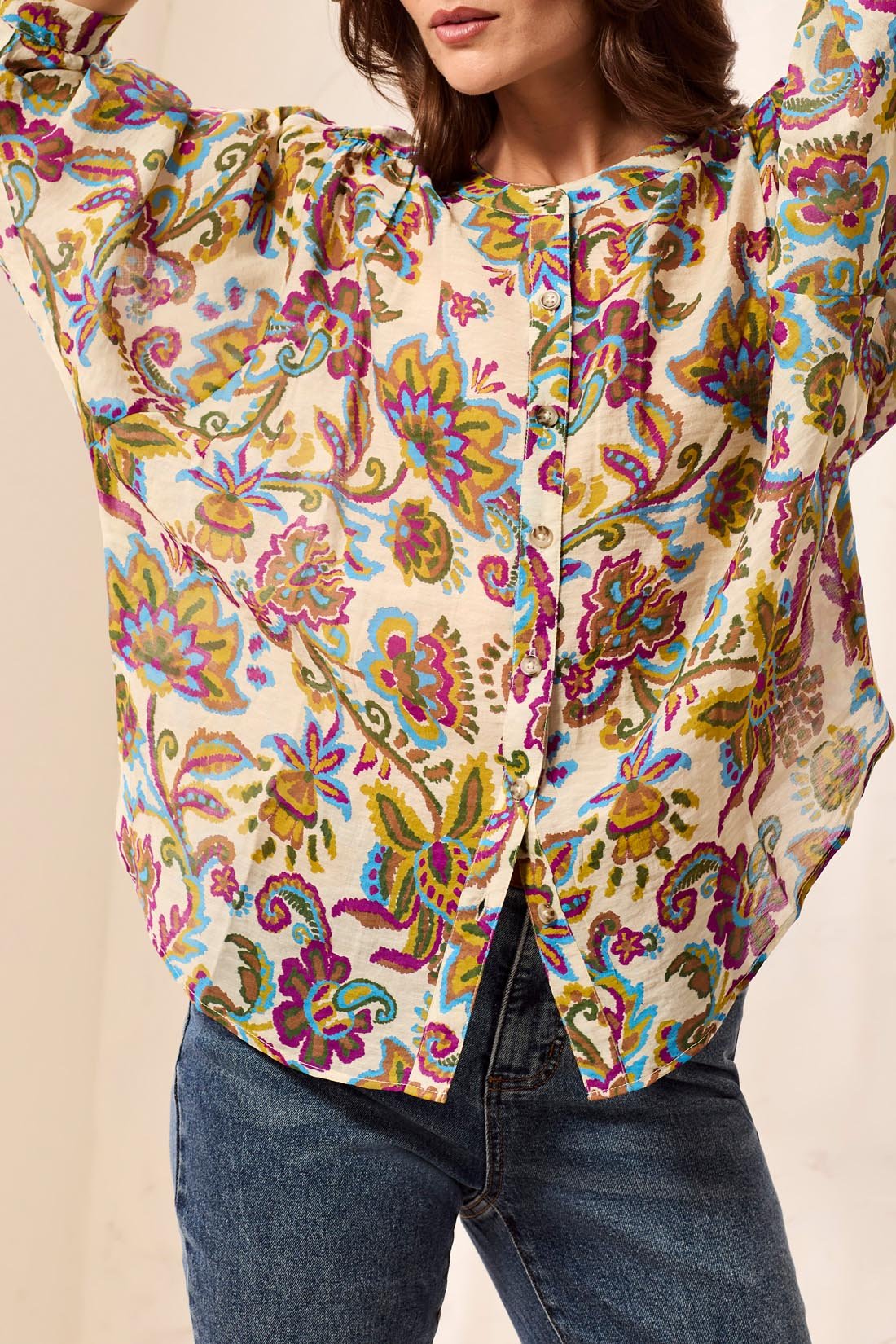 Tribal Flowy Dolman Sleeve Blouse with Self-Covering Buttons | Equinox Gold