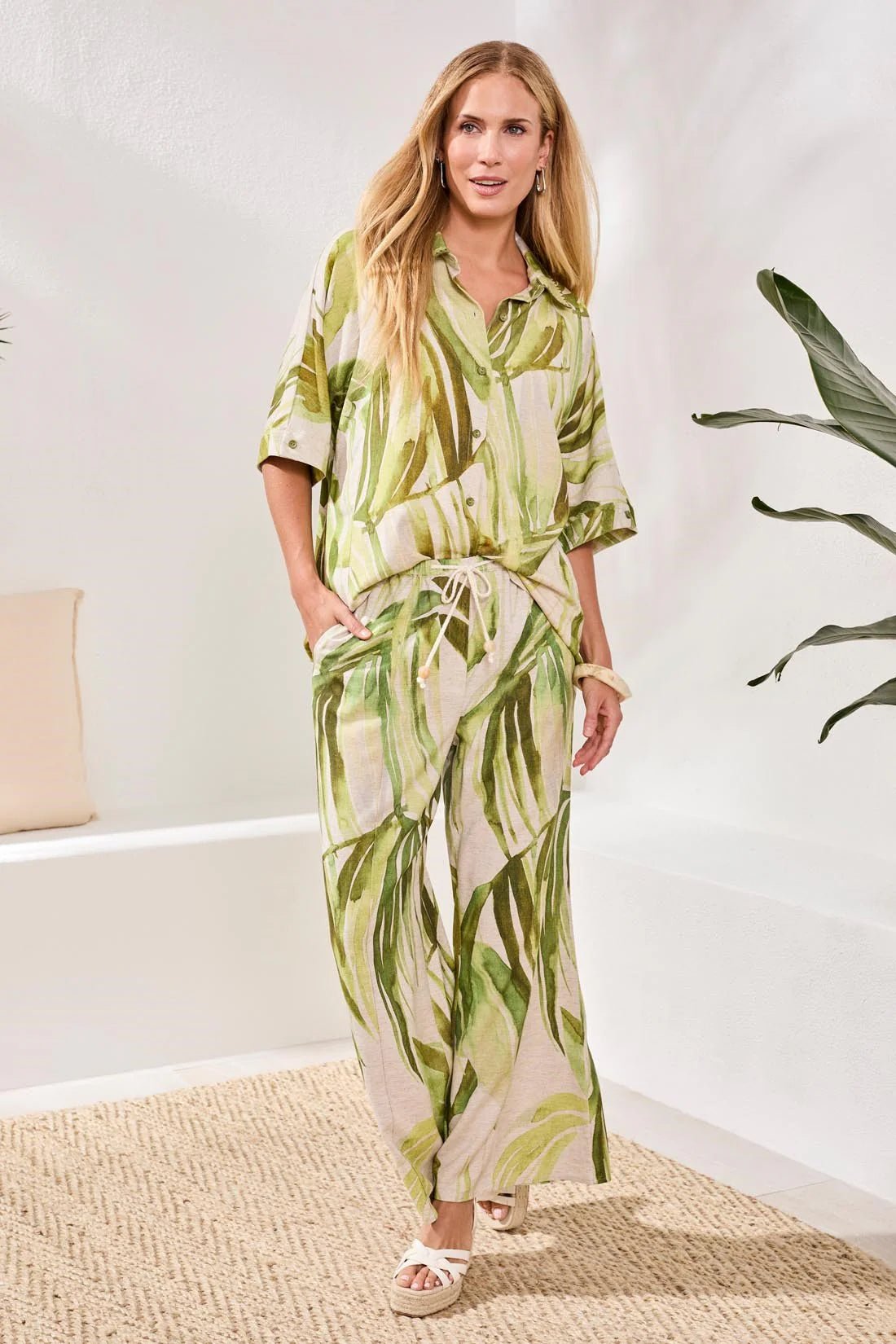 Tribal Flowy Linen Flare Pants With Drawcord Waist | Mint Leaf