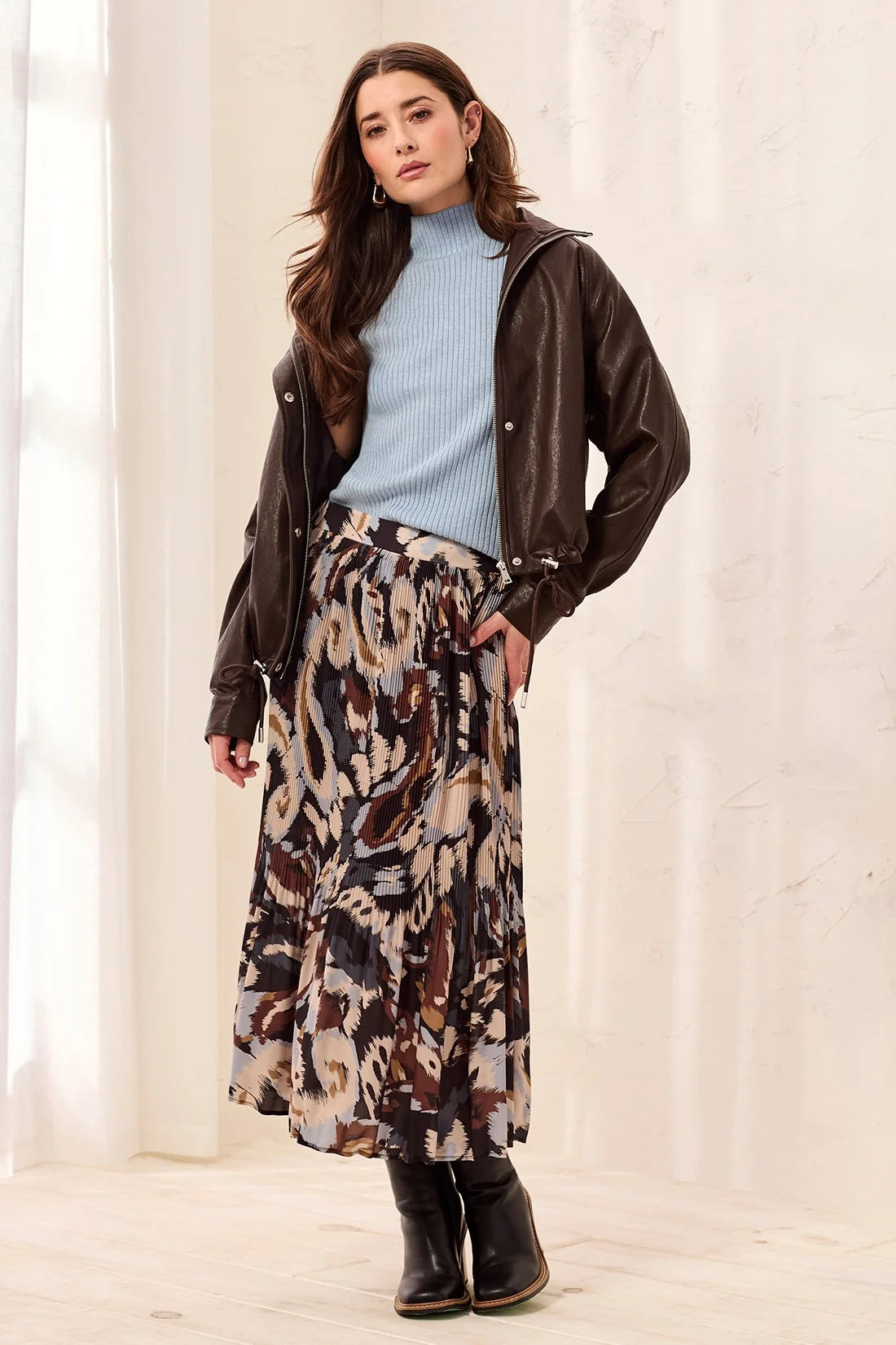 Tribal Flowy Plissé Printed Crepe Skirt – Steel Mix