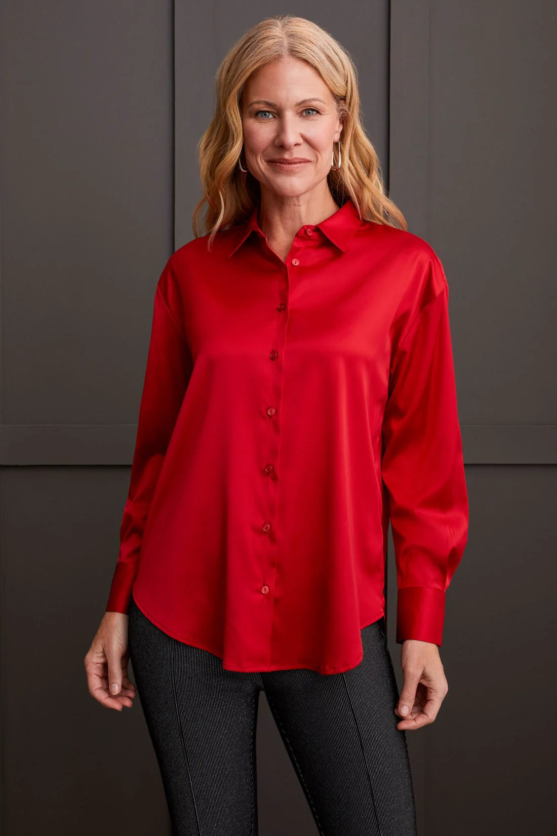 Tribal Red Flowy Satin Button-Up Shirt