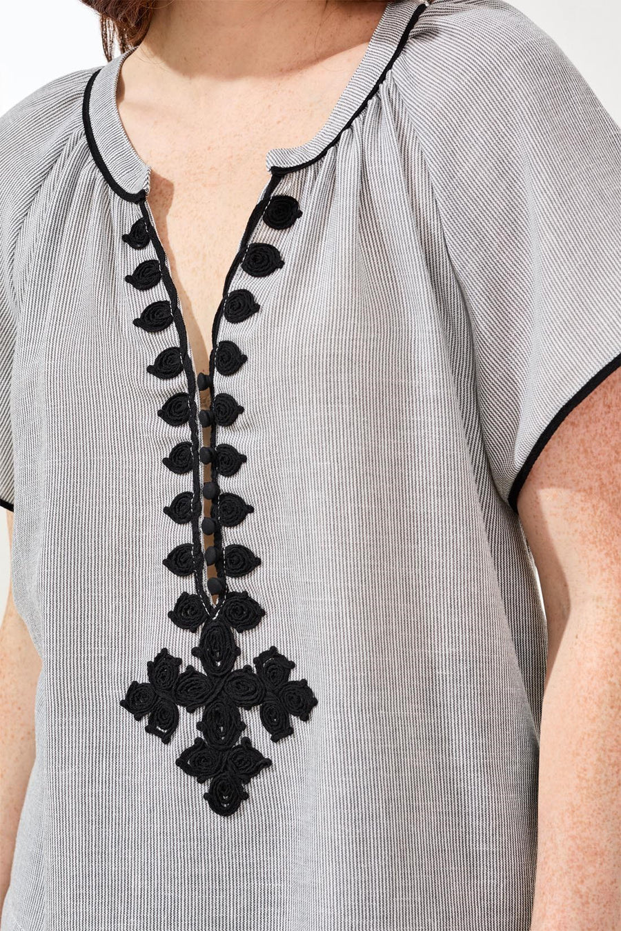 Tribal Flutter Sleeve Embroidered Notch Neck Blouse - Juli's Wearable Art