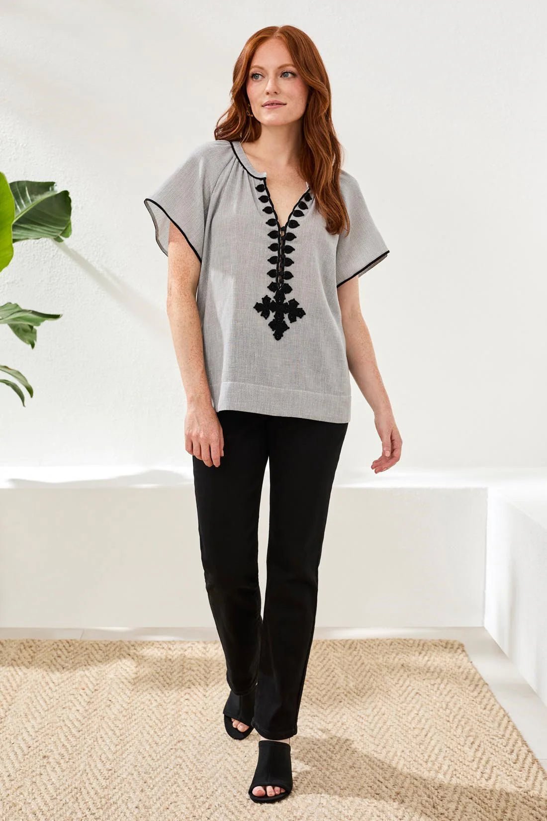 Tribal Flutter Sleeve Embroidered Notch Neck Blouse - Juli's Wearable Art