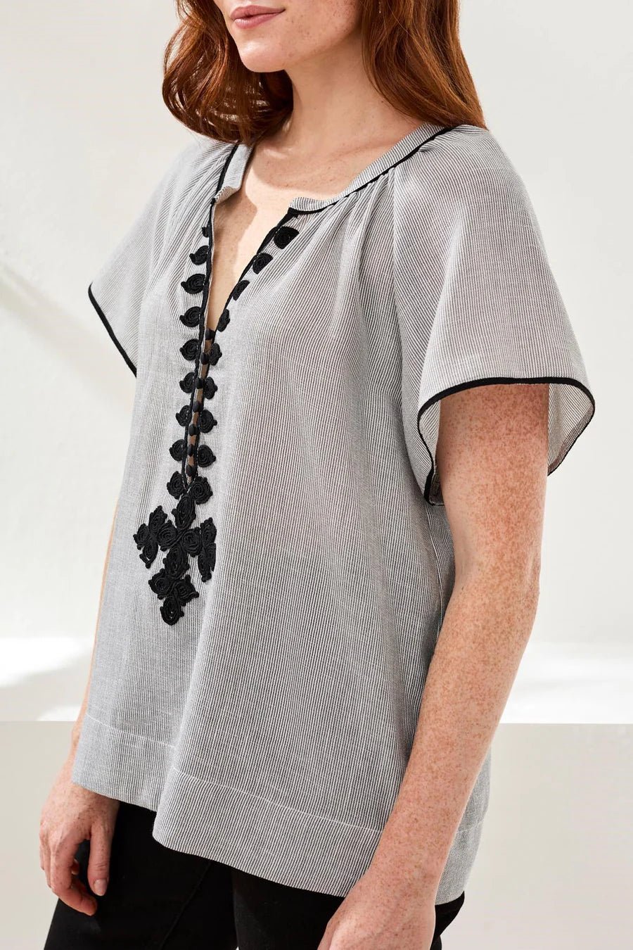 Tribal Flutter Sleeve Embroidered Notch Neck Blouse - Juli's Wearable Art