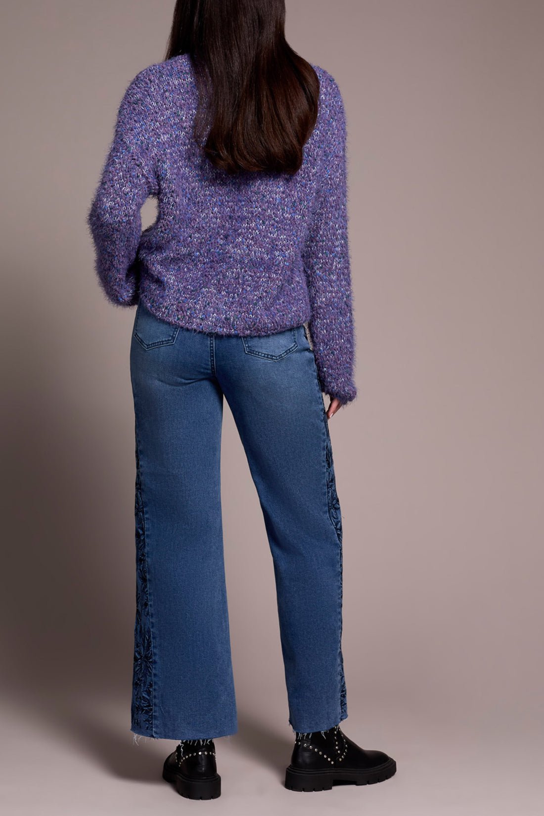 Tribal Fuzzy Eyelash Drop Shoulder Puff Sleeve Sweater - Blue Violet - Juli's Wearable Art