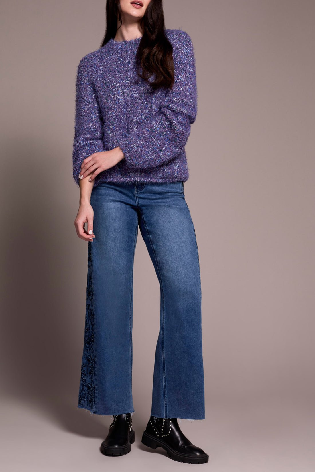 Tribal Fuzzy Eyelash Drop Shoulder Puff Sleeve Sweater - Blue Violet - Juli's Wearable Art