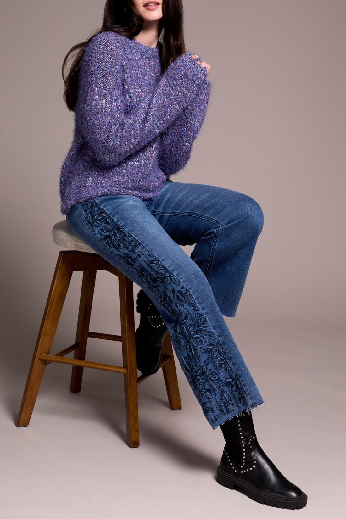 Tribal Fuzzy Eyelash Drop Shoulder Puff Sleeve Sweater - Blue Violet - Juli's Wearable Art