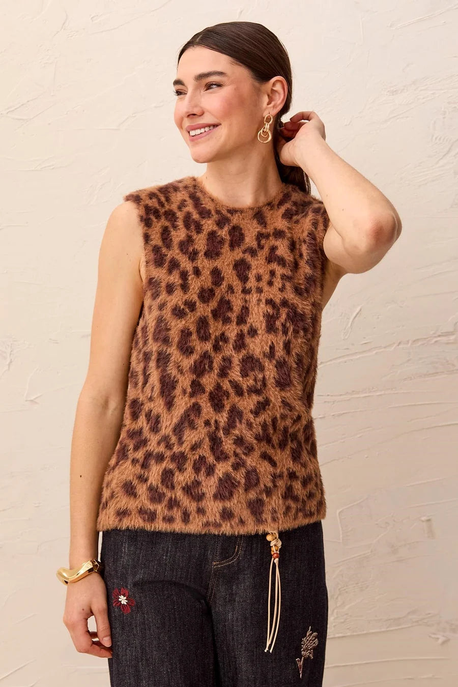 Tribal Fuzzy Leopard Print Sleeveless Crew Neck Knit Top | Hazelwood