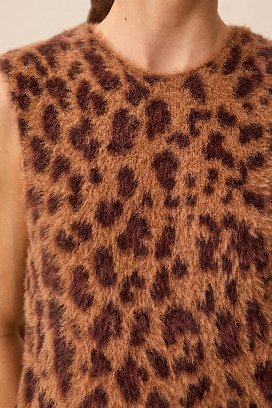 Tribal Fuzzy Leopard Print Sleeveless Crew Neck Knit Top | Hazelwood