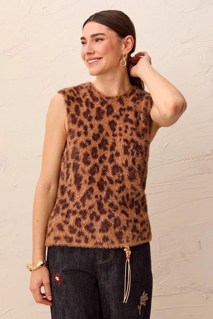 Tribal Fuzzy Leopard Print Sleeveless Crew Neck Knit Top | Hazelwood