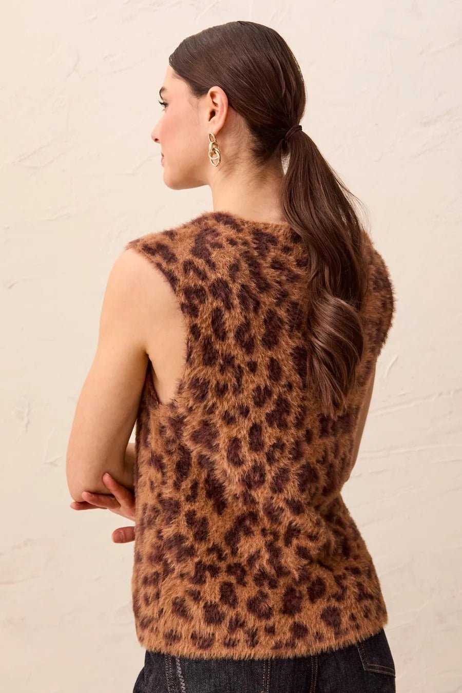 Tribal Fuzzy Leopard Print Sleeveless Crew Neck Knit Top | Hazelwood - Juli's Wearable Art