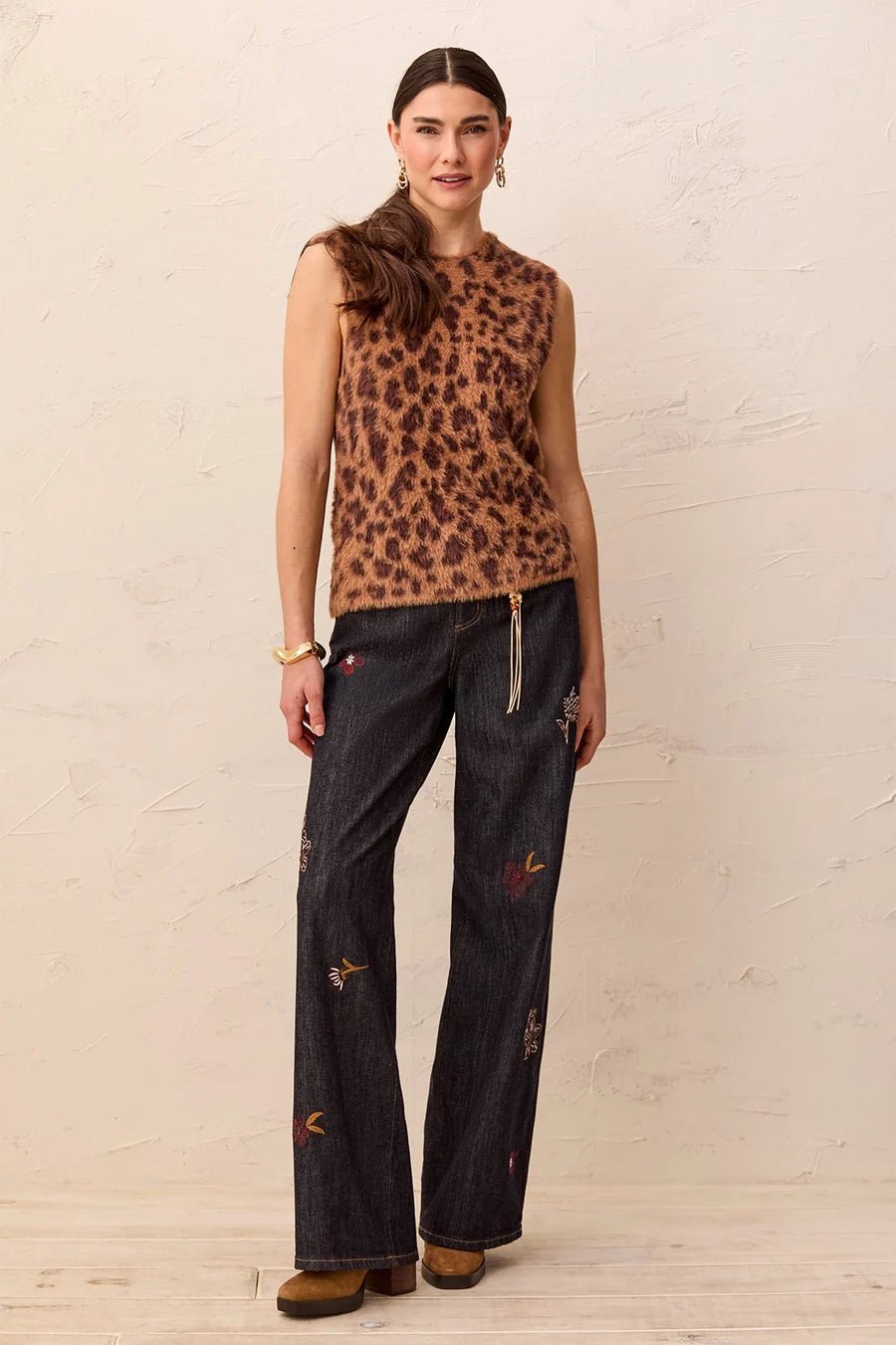 Tribal Fuzzy Leopard Print Sleeveless Crew Neck Knit Top | Hazelwood - Juli's Wearable Art