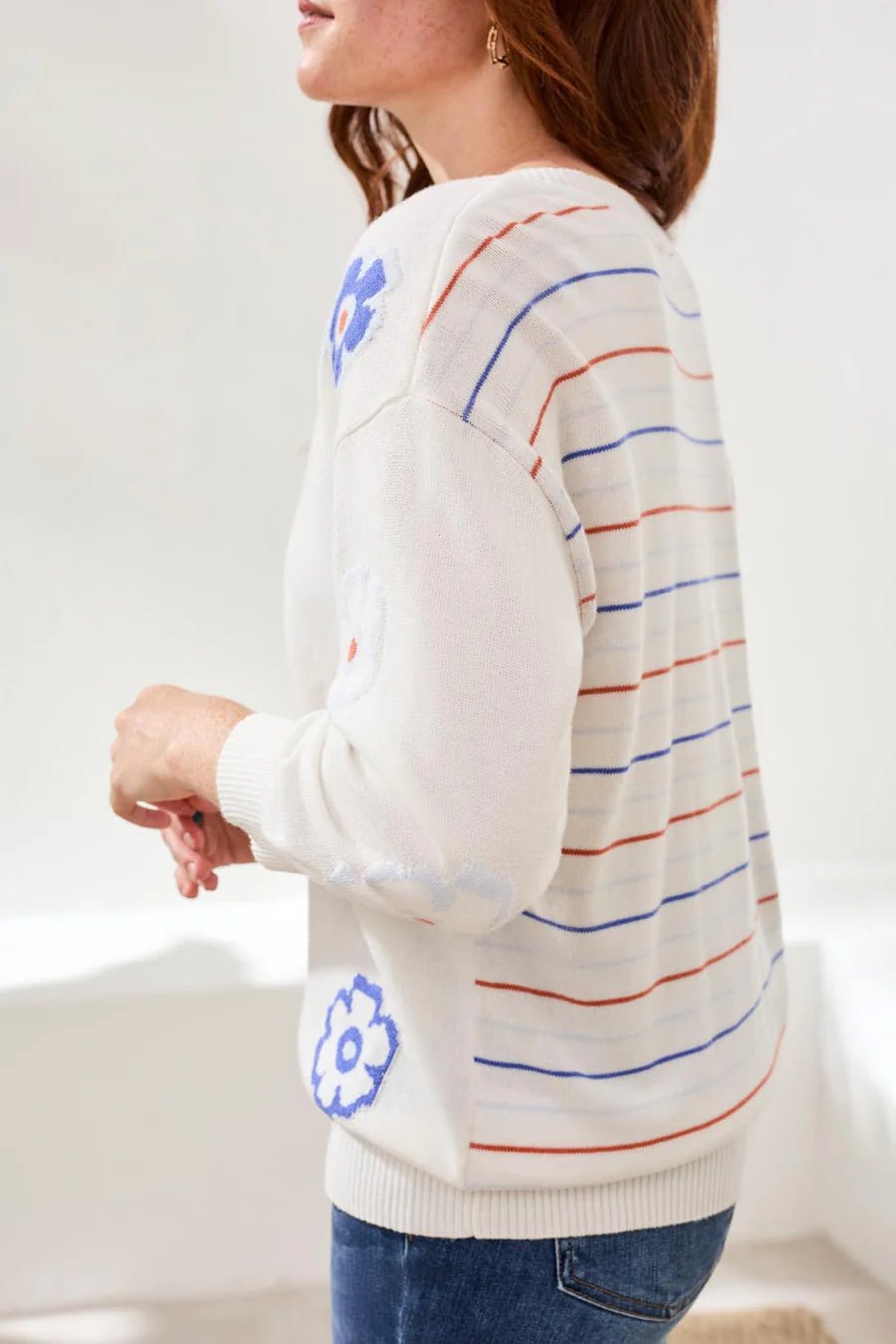 Tribal Intarsia V - Neck Sweater | Ocean Pearl - Juli's Wearable Art