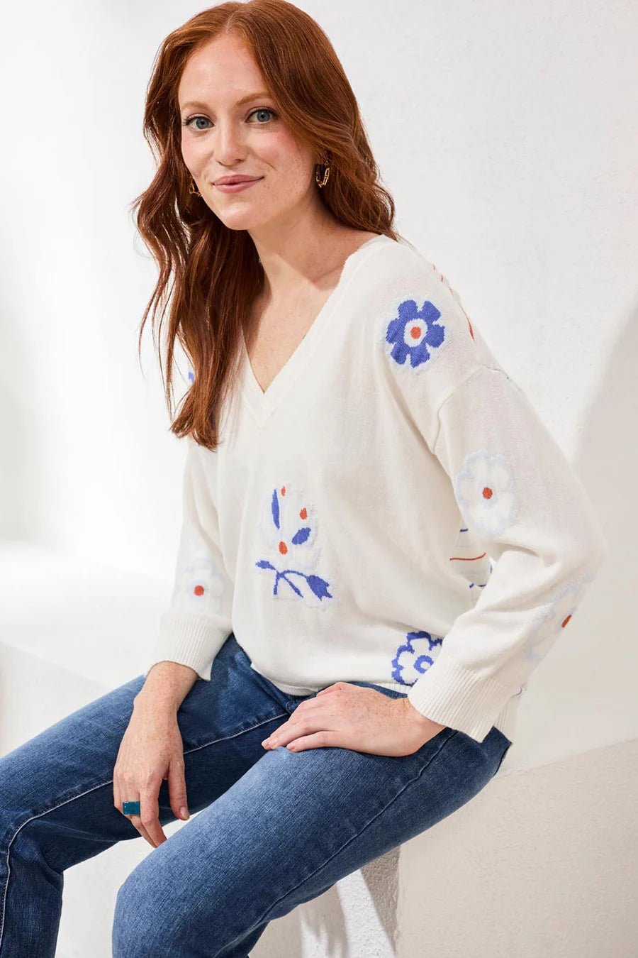 Tribal Intarsia V - Neck Sweater | Ocean Pearl - Juli's Wearable Art