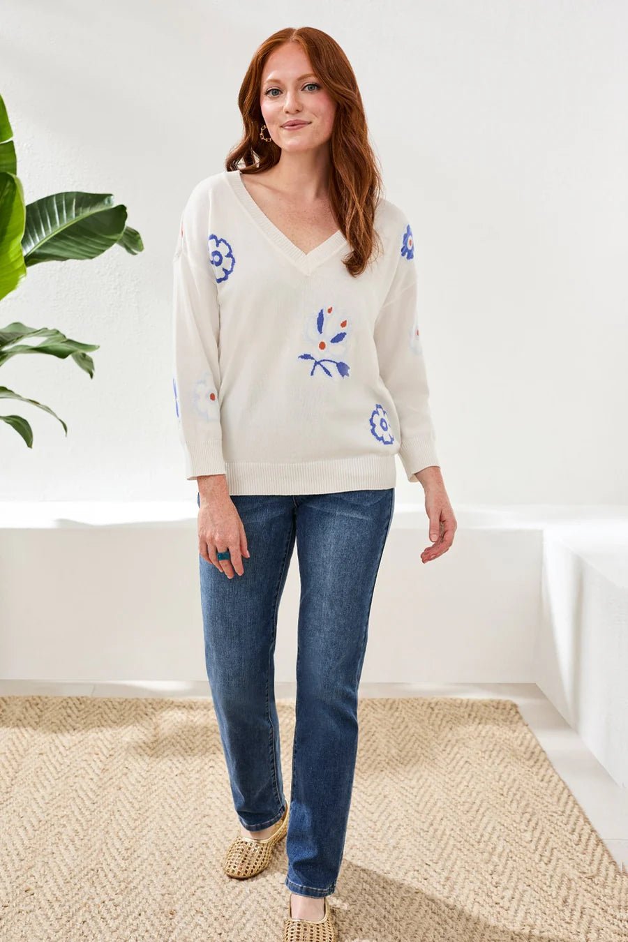 Tribal Intarsia V - Neck Sweater | Ocean Pearl - Juli's Wearable Art