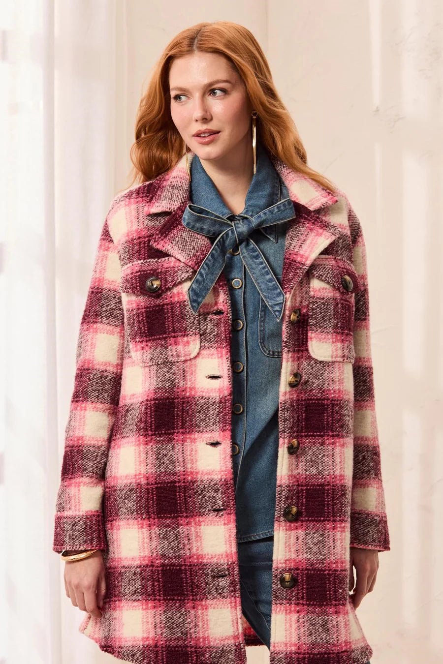 Tribal Knit Plaid Notch Collar Buttoned Shacket | Cherry Lacquer