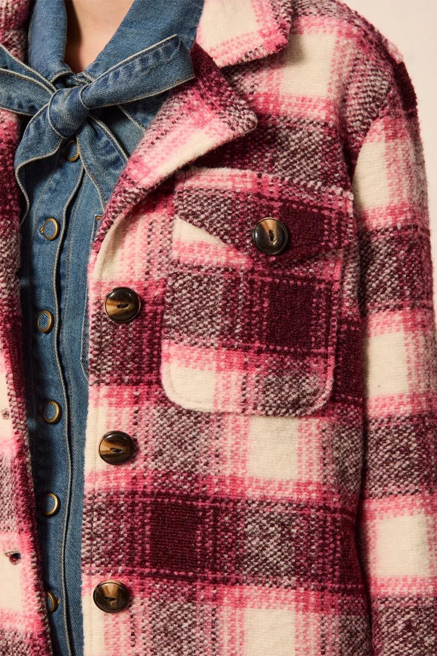Tribal Knit Plaid Notch Collar Buttoned Shacket | Cherry Lacquer - Juli's Wearable Art