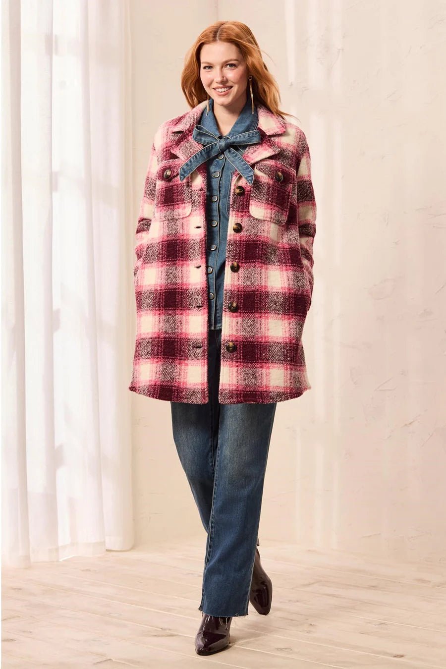 Tribal Knit Plaid Notch Collar Buttoned Shacket | Cherry Lacquer