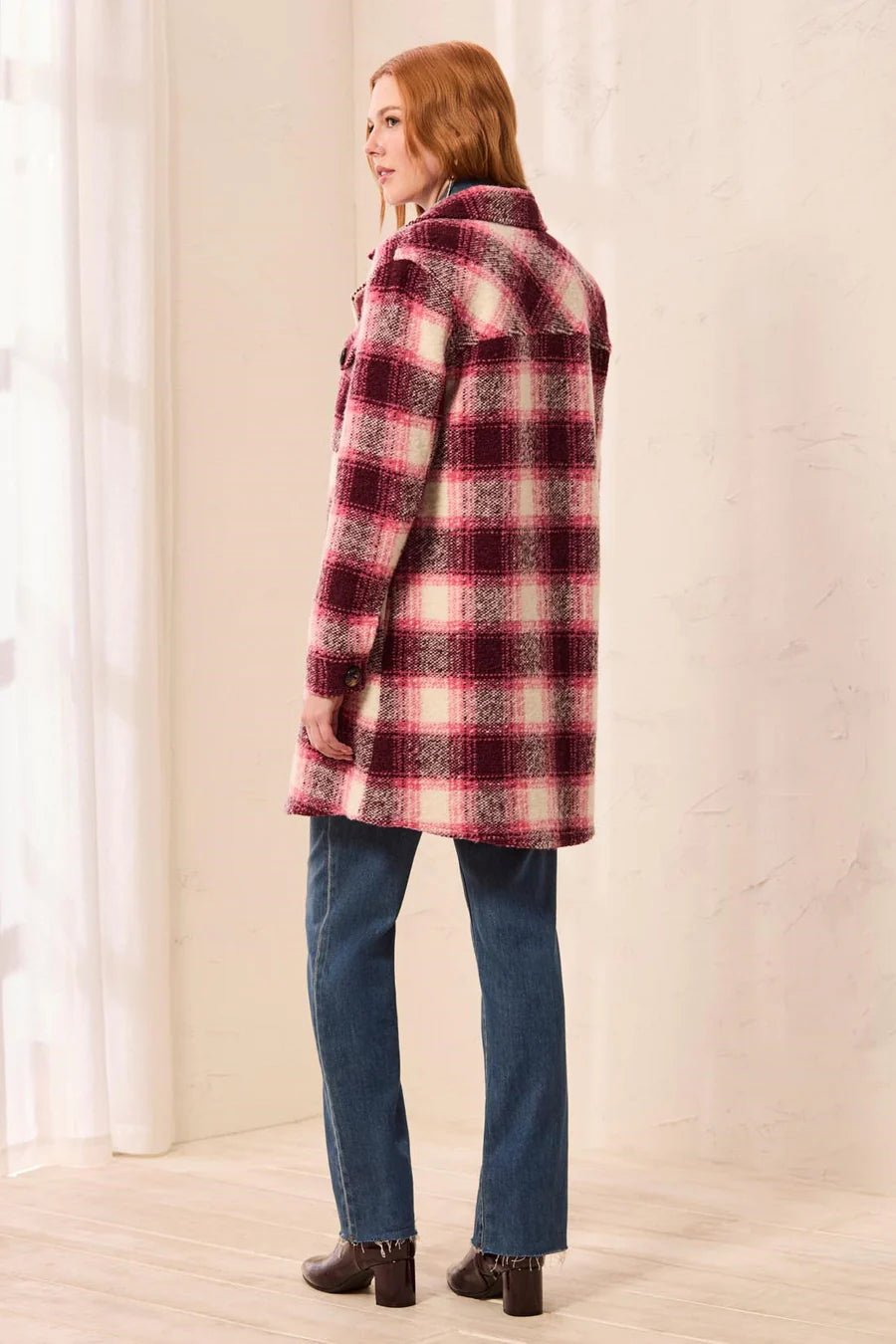 Tribal Knit Plaid Notch Collar Buttoned Shacket | Cherry Lacquer - Juli's Wearable Art