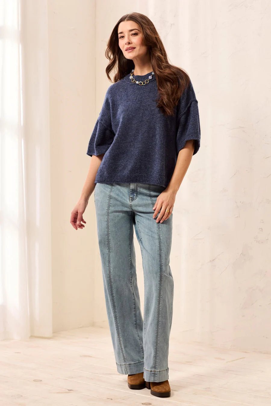 Tribal Lightweight Drop Shoulder Crew Neck Elbow Sleeve Sweater | Heathered Nightfall - Juli's Wearable Art