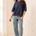 Tribal Lightweight Drop Shoulder Crew Neck Elbow Sleeve Sweater | Heathered Nightfall - Juli's Wearable Art