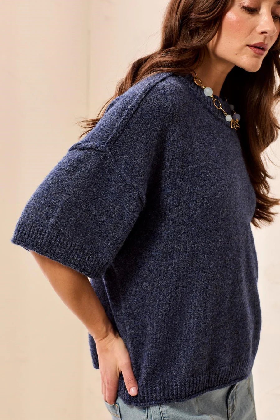 Tribal Lightweight Drop Shoulder Crew Neck Elbow Sleeve Sweater | Heathered Nightfall