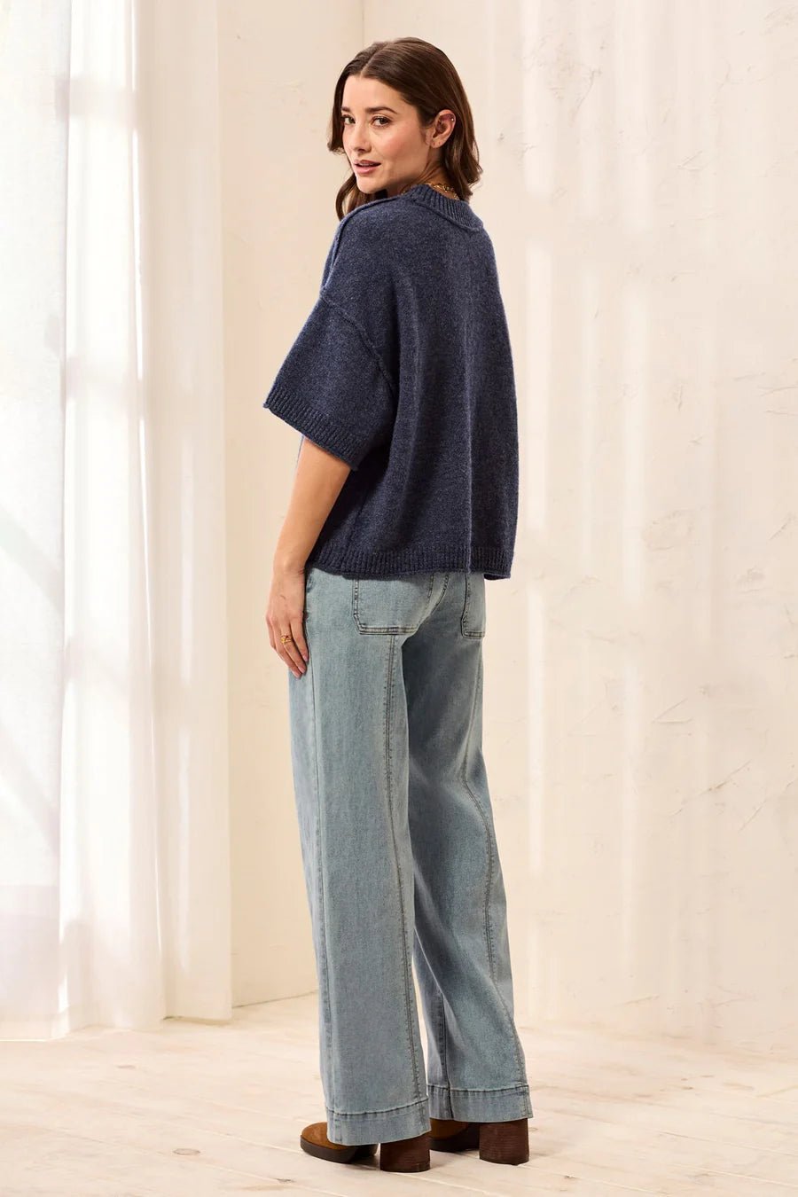 Tribal Lightweight Drop Shoulder Crew Neck Elbow Sleeve Sweater | Heathered Nightfall - Juli's Wearable Art