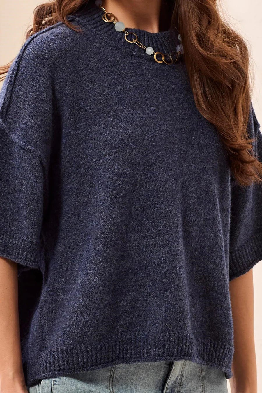 Tribal Lightweight Drop Shoulder Crew Neck Elbow Sleeve Sweater | Heathered Nightfall