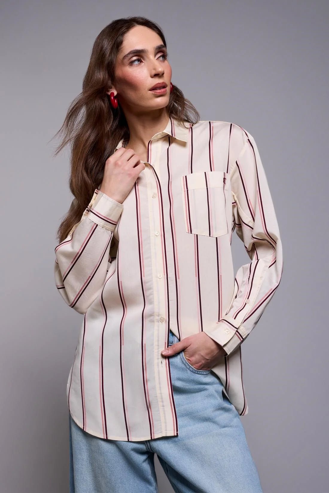 Tribal Lightweight Oversized Striped Collared Blouse | Antique White