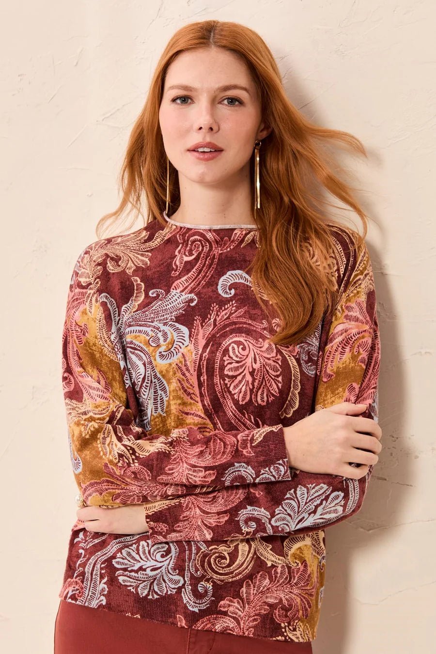 Tribal Lightweight Printed Long-Sleeve Funnel Neck Sweater | Henna