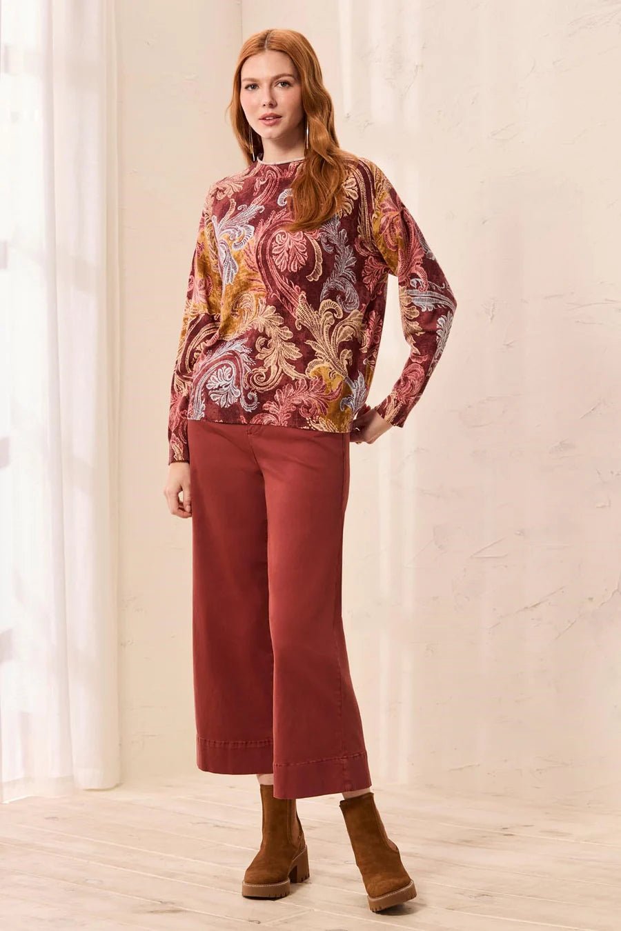 Tribal Lightweight Printed Long-Sleeve Funnel Neck Sweater | Henna