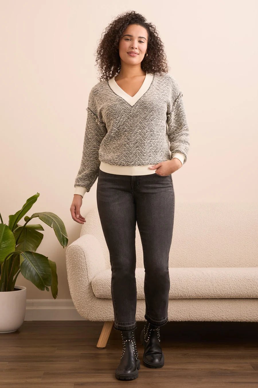 Tribal Lightweight Textured - Knit V - Neck Sweater – Cream - Juli's Wearable Art