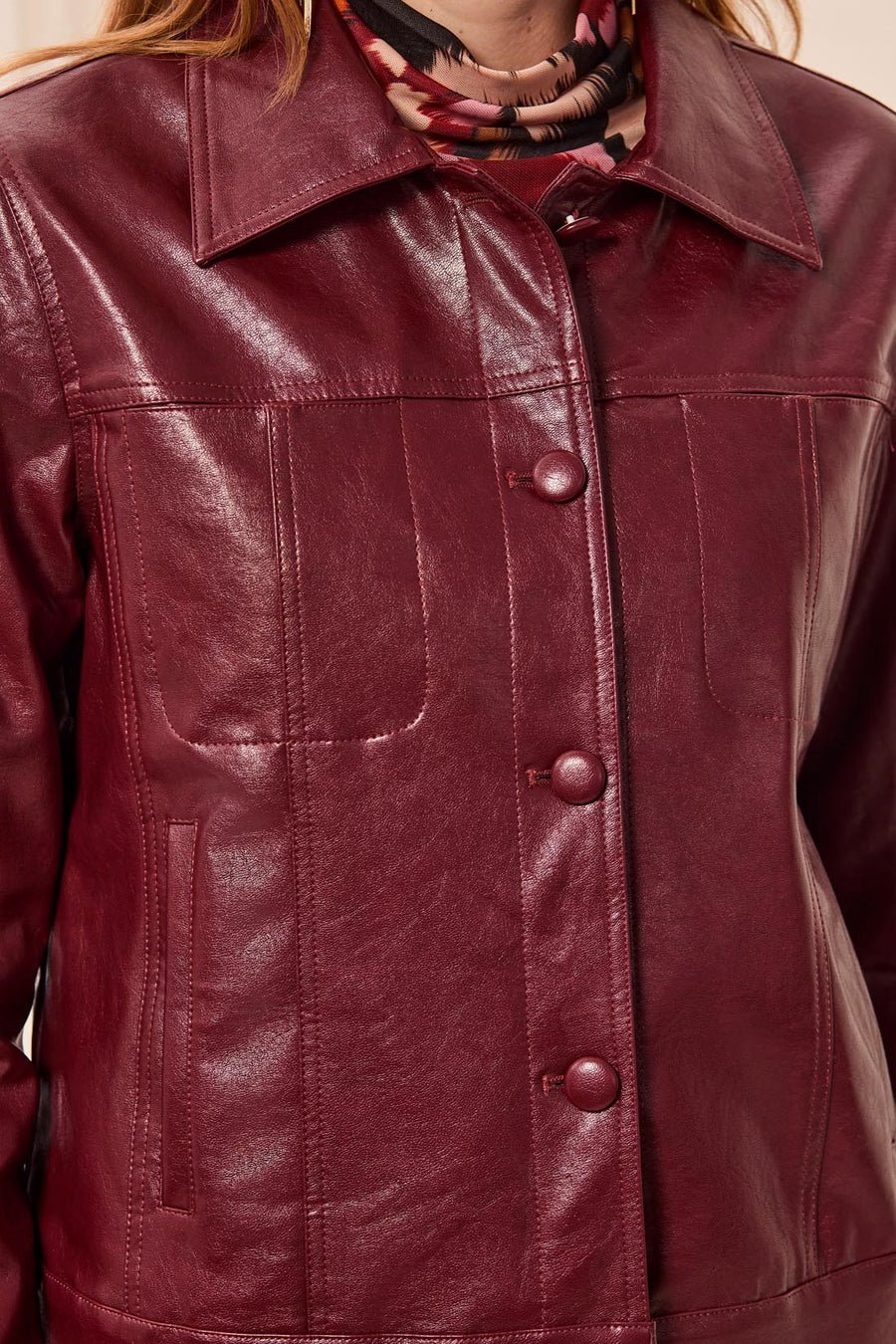 Tribal Lined Faux Leather Button Front Jacket | Cherry Lacquer - Juli's Wearable Art