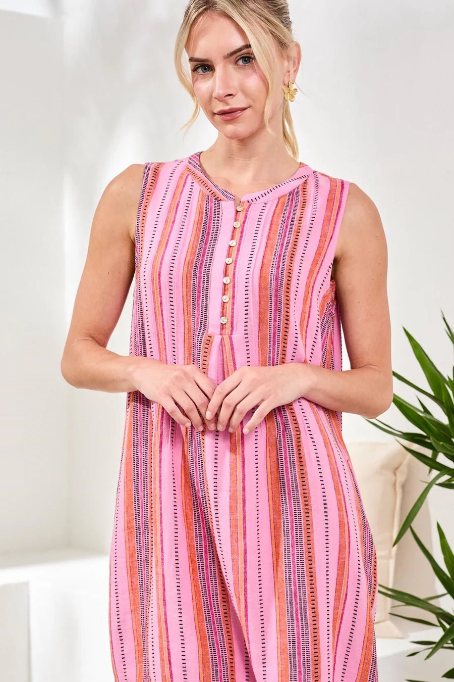 Tribal Linen Sleeveless A-Line Dress with Pintuck Detail | Rose Silk