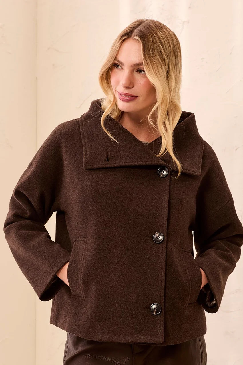Tribal Soft Structured Funnel Neck Button Front Jacket | Saddle Brown