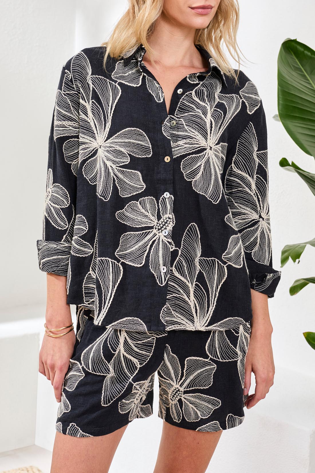 Tribal Long Sleeve Button Front Blouse | Black Floral