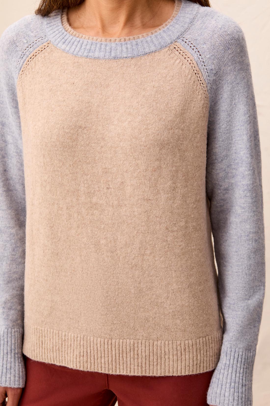 Tribal Long Sleeve Crew Neck Colorblock Sweater | Oatmeal