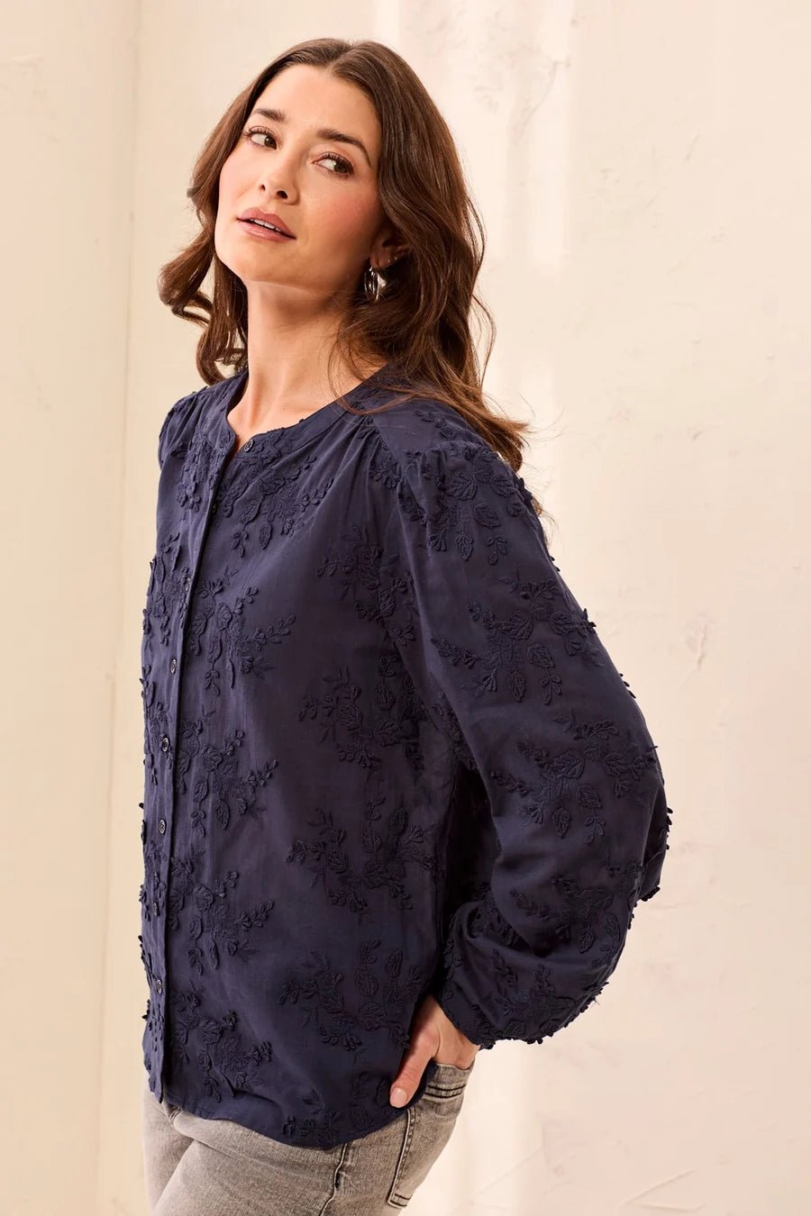 Tribal Long Sleeve Embroidered Button Front Blouse | Sapphire