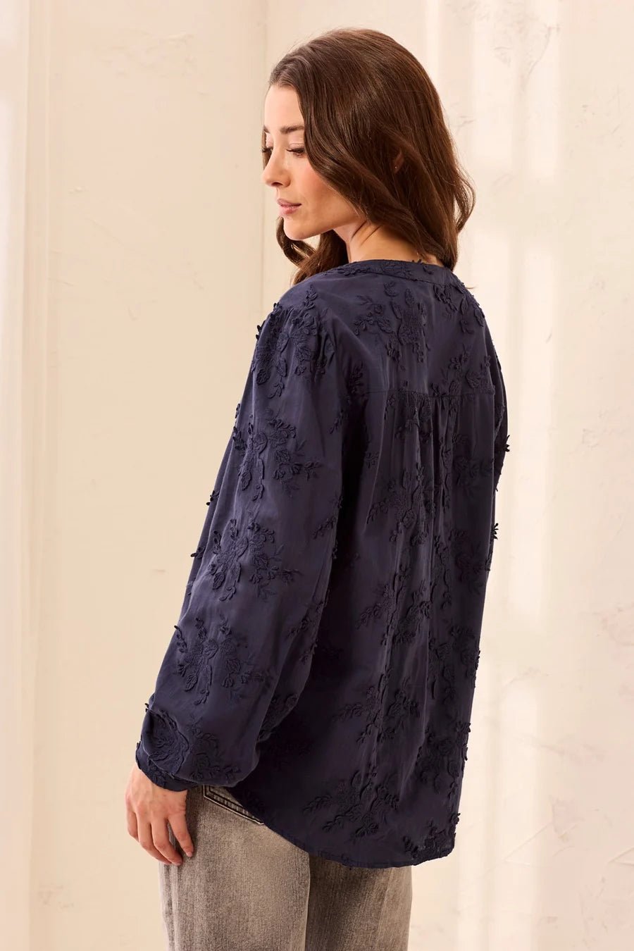 Tribal Long Sleeve Embroidered Button Front Blouse | Sapphire - Juli's Wearable Art