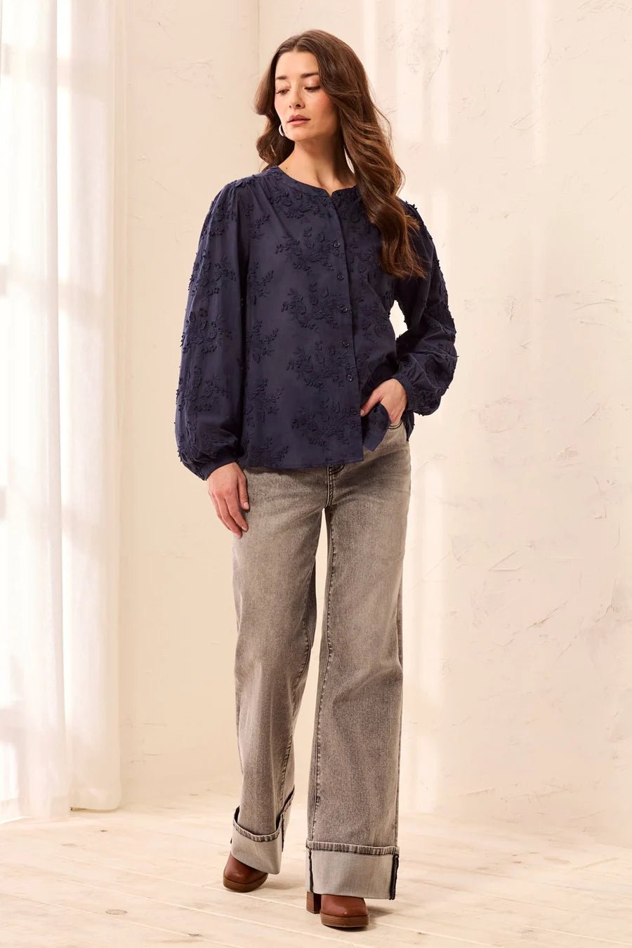 Tribal Long Sleeve Embroidered Button Front Blouse | Sapphire